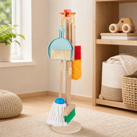 Toy Cleaning Set - Wooden Housekeeping Play Kit set out on a real table at home