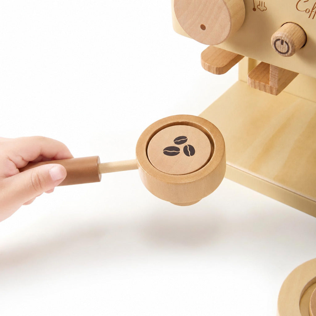 Child's hands turning the wooden coffee grinder dial