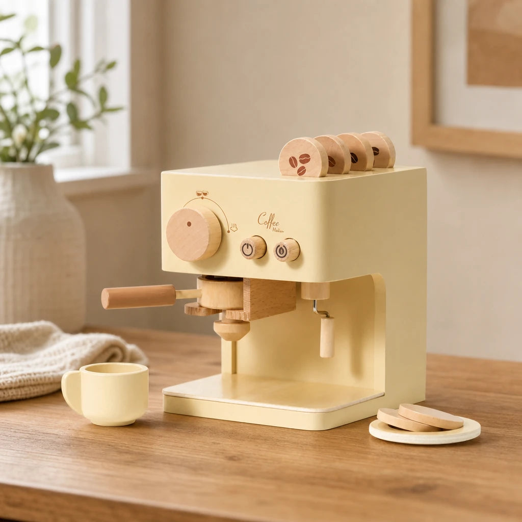 Toy Coffee Machine Wooden Barista Play Set set out on a real table at home