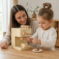 Child playing with the Toy Coffee Machine Wooden Barista Play Set