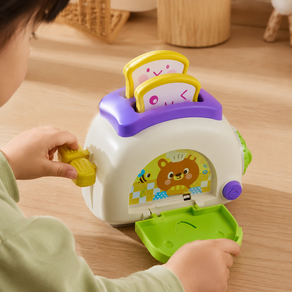 Toy Toaster Pretend Play Kitchen Set with Pop-Up Bread - utilisation close up