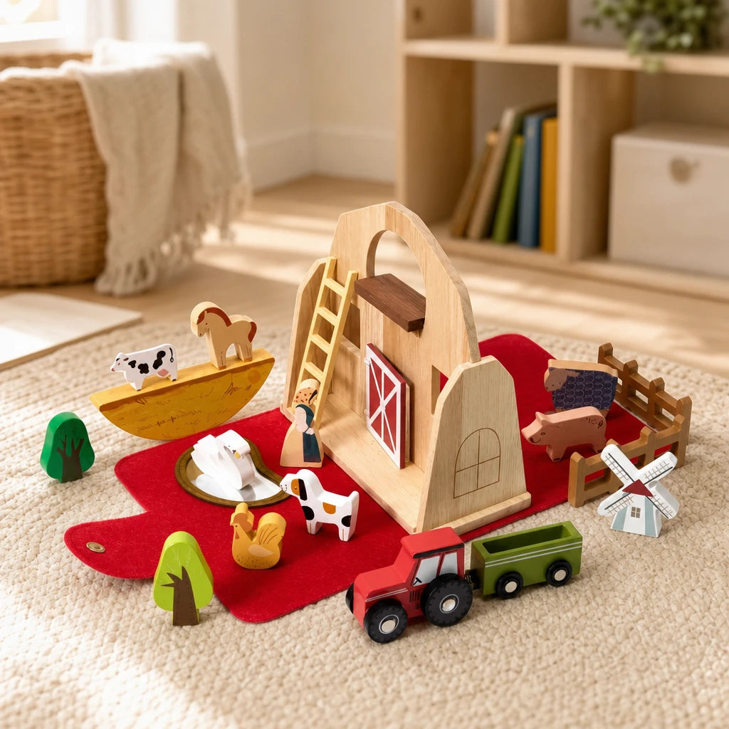 Travel Farm Toy Wooden Portable Playset set out on a real table at home