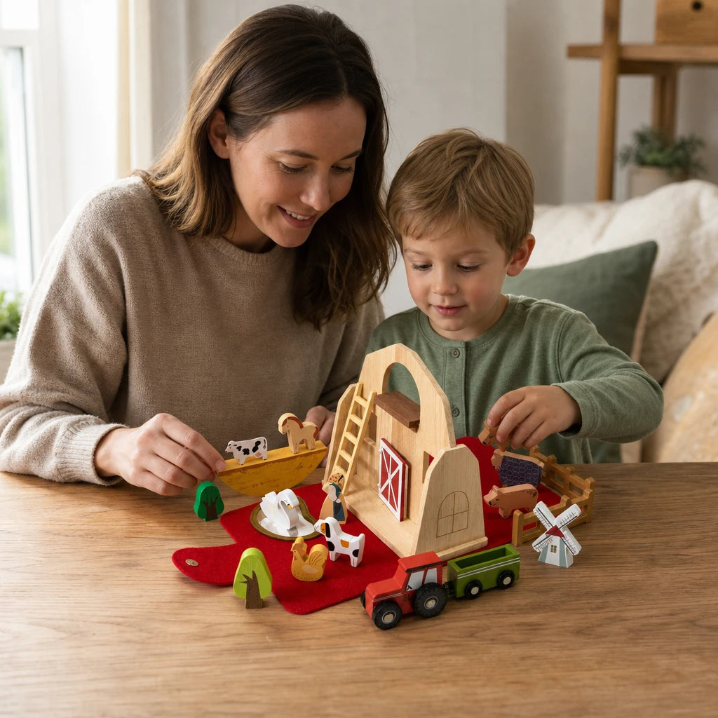 Child playing with the Travel Farm Toy Wooden Portable Playset