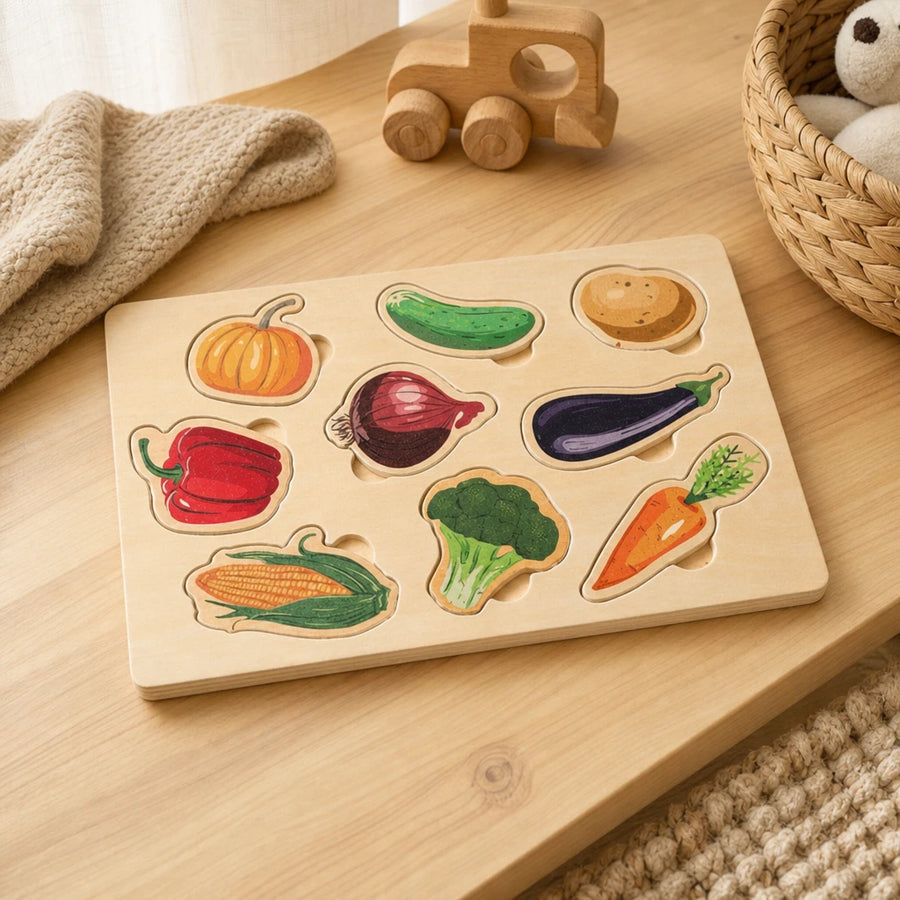Vegetable Puzzle – 9-Piece Wooden Learning Board set out on a real table at home