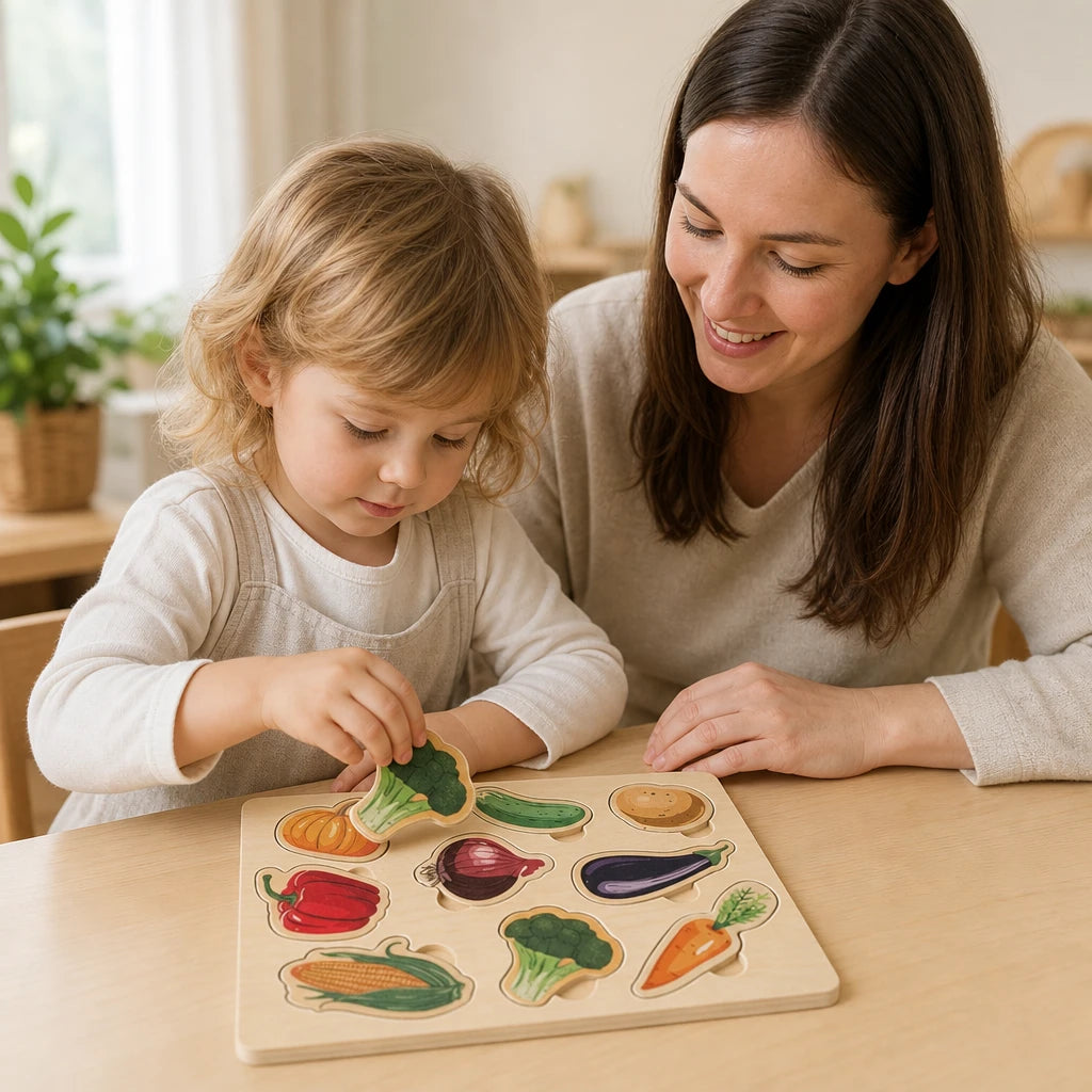 Child playing with the Vegetable Puzzle – 9-Piece Wooden Learning Board