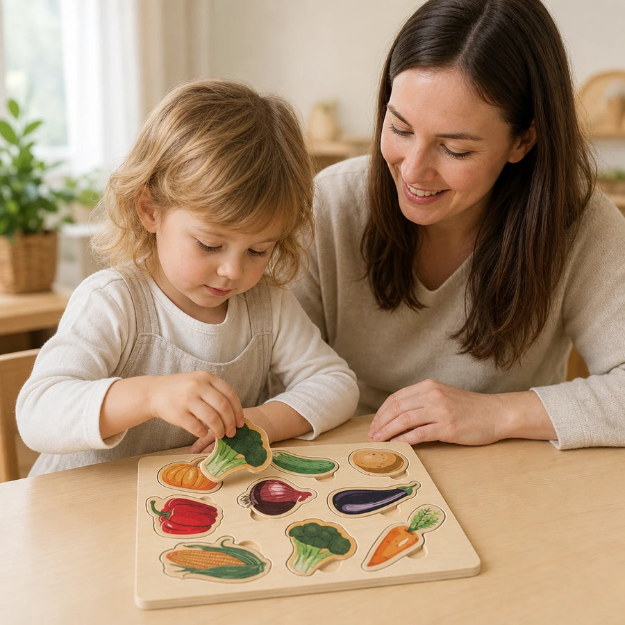 Child playing with the Vegetable Puzzle – 9-Piece Wooden Learning Board