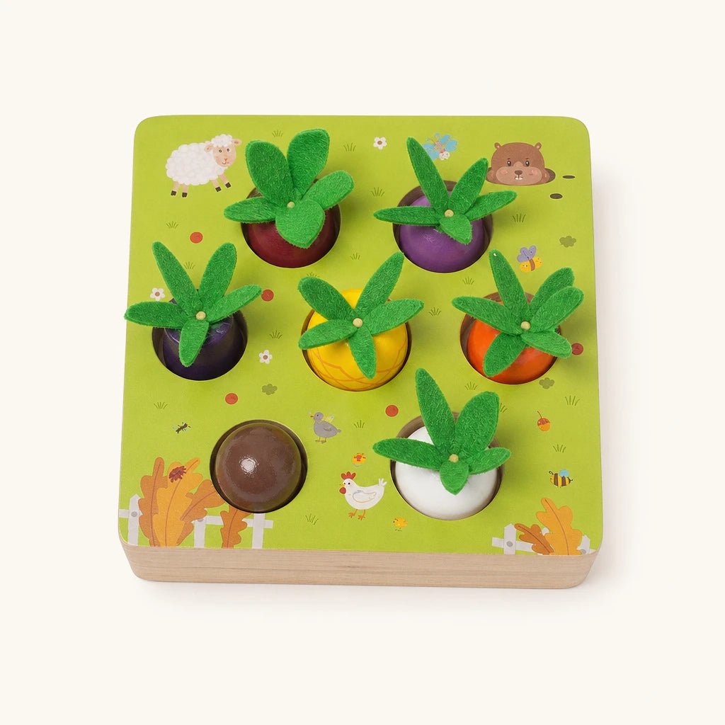 Vegetable Shape Sorter Wooden Garden Puzzle shown complete on a plain background