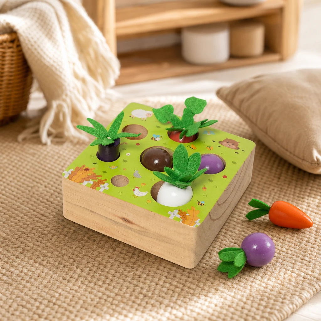Vegetable Shape Sorter Wooden Garden Puzzle set out on a real table at home