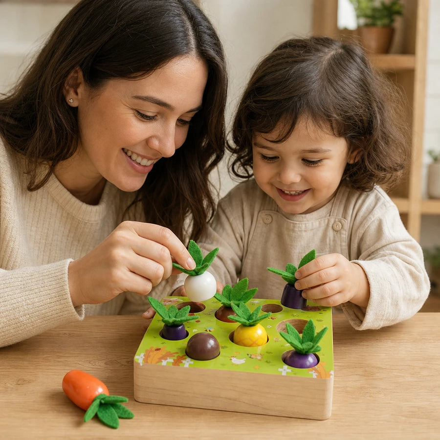 Child playing with the Vegetable Shape Sorter Wooden Garden Puzzle