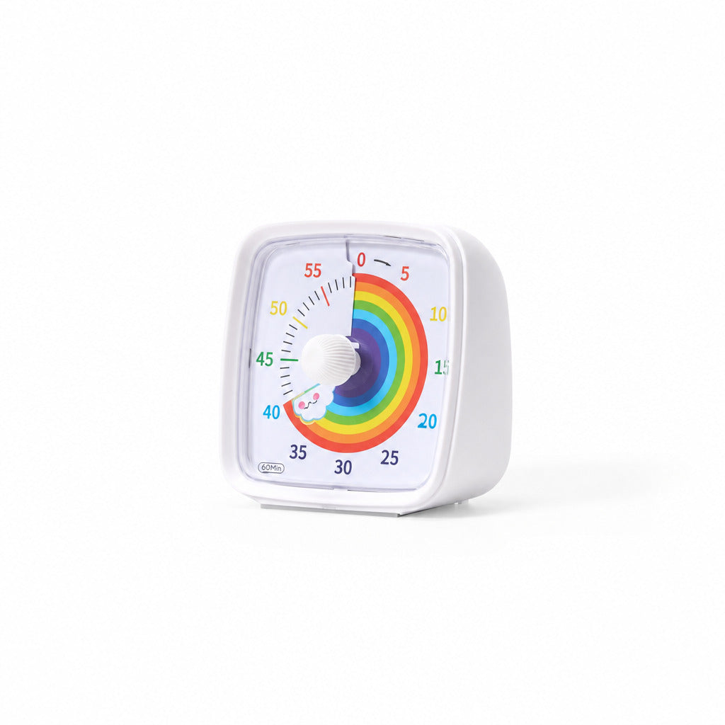 Rainbow visual timer with a white case, front view