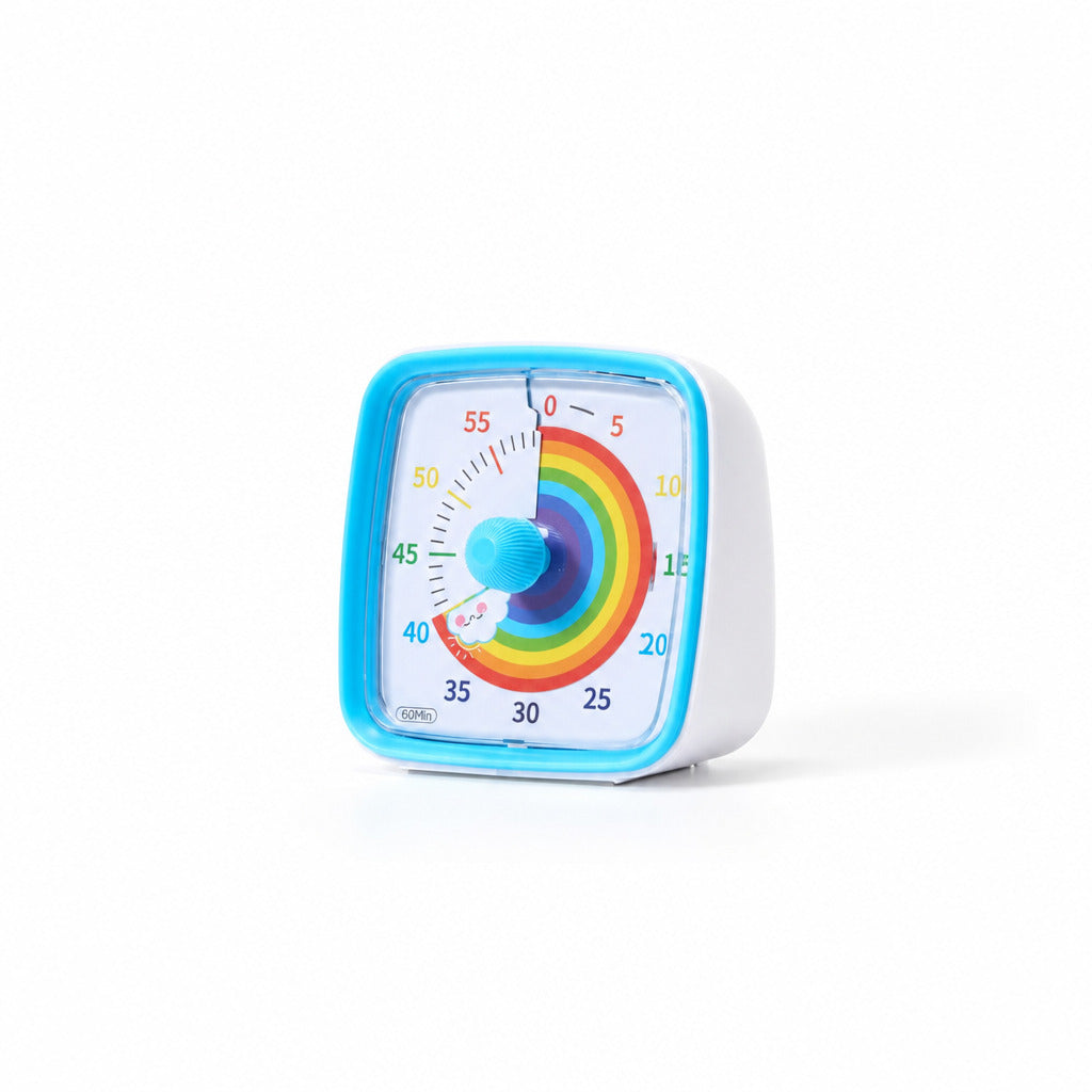 Visual timer with a blue case and rainbow dial