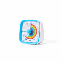 Visual timer with a blue case and rainbow dial