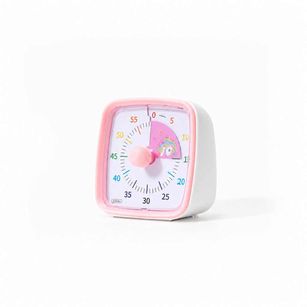 Visual timer with a pink case and rainbow dial