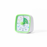 Visual timer with a green case and rainbow dial