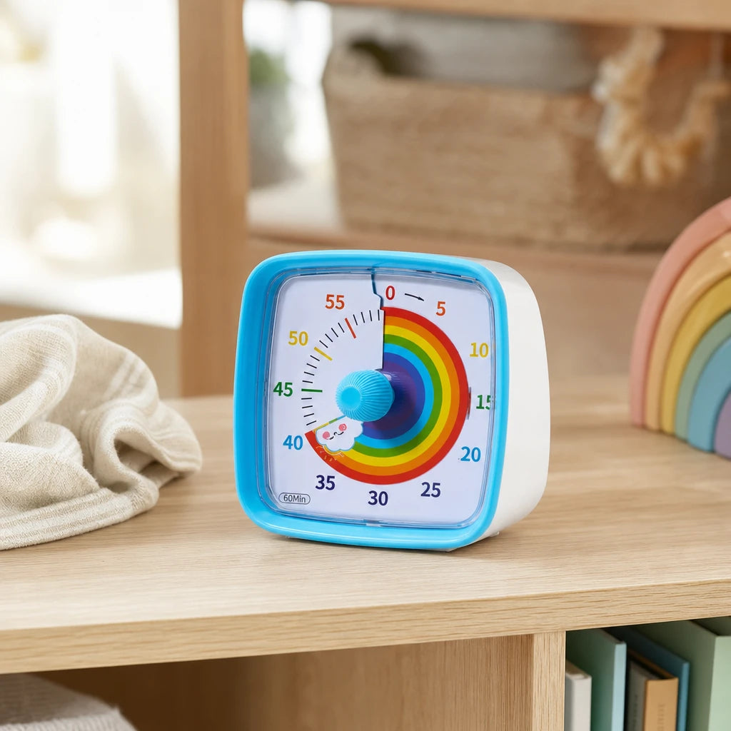 Visual Timer Rainbow for Toddlers & Kids set out on a real table at home