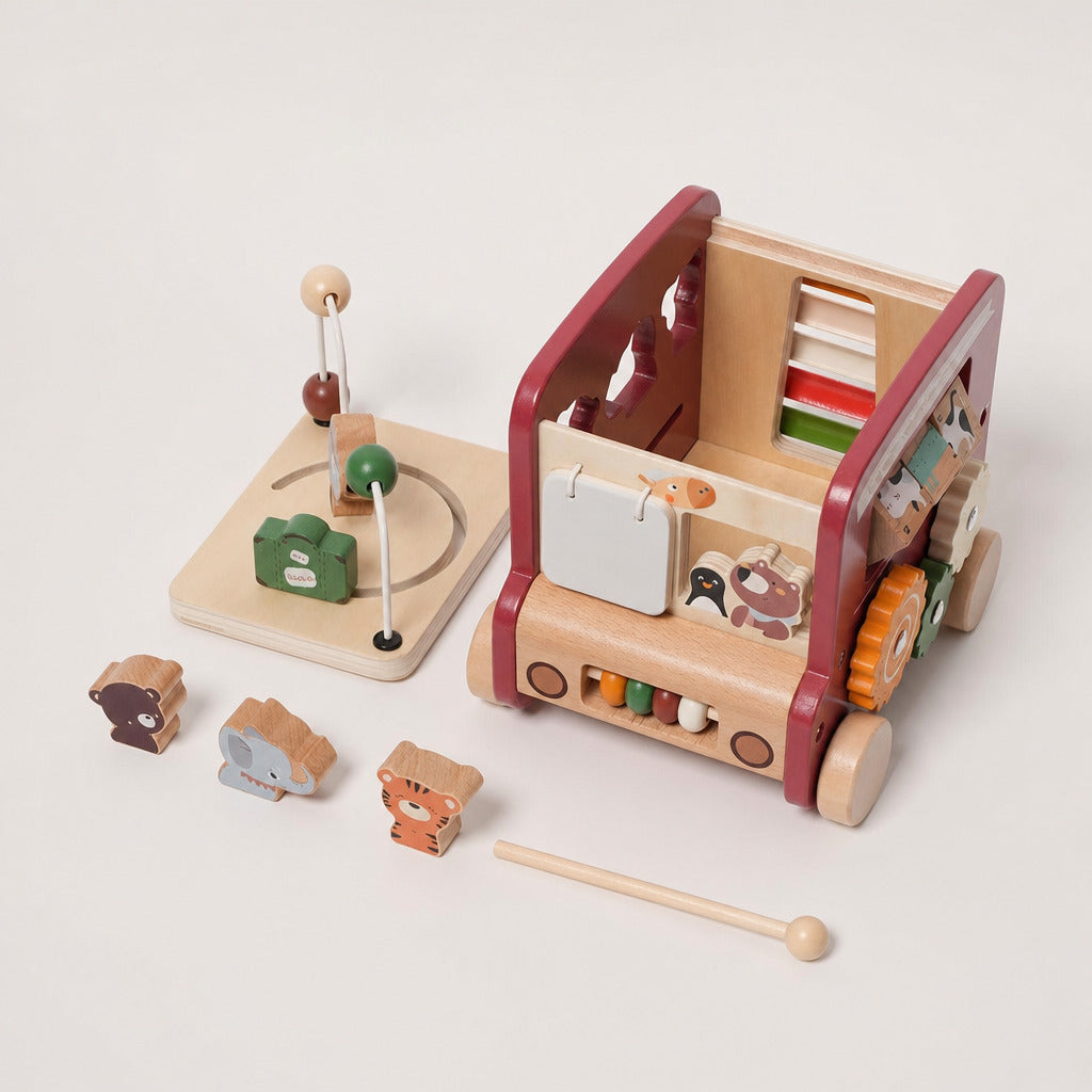 Wooden activity bus with safari animal figures and shape slots