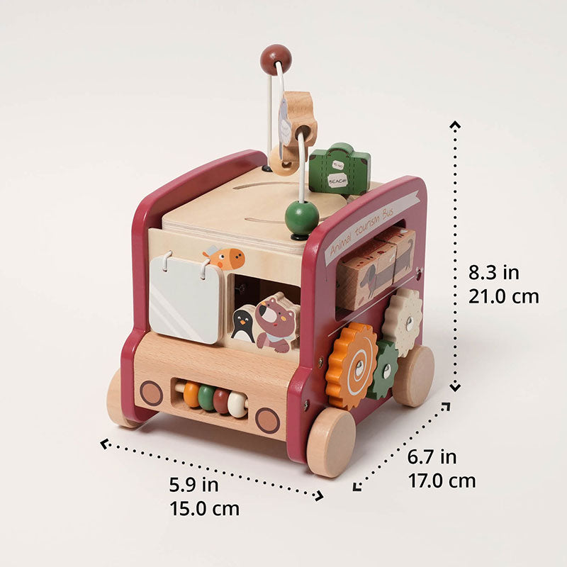 Wooden activity bus seen from the side, shown with dimensions