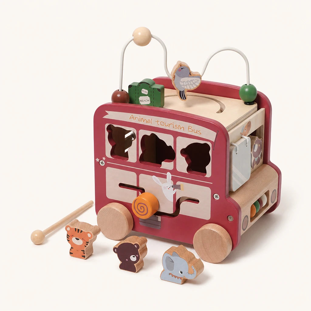 Wooden Activity Bus Safari Theme Montessori Toy shown complete on a plain background