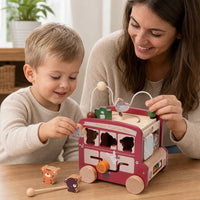 Child playing with the Wooden Activity Bus Safari Theme Montessori Toy