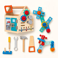 Wooden Activity Toolbox House shown complete on a plain background