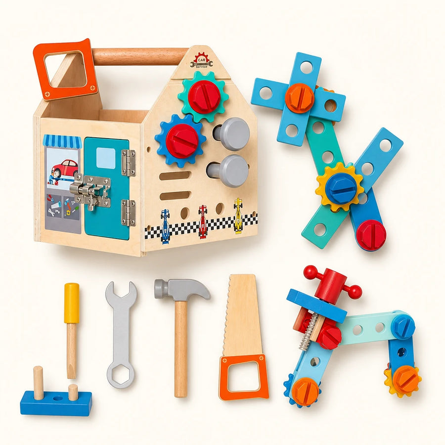 Wooden Activity Toolbox House shown complete on a plain background