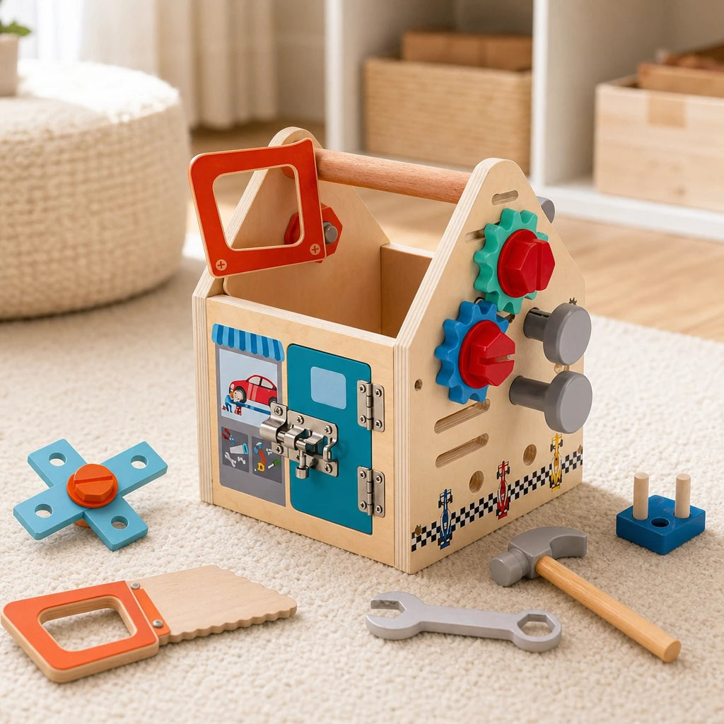 Wooden Activity Toolbox House set out on a real table at home