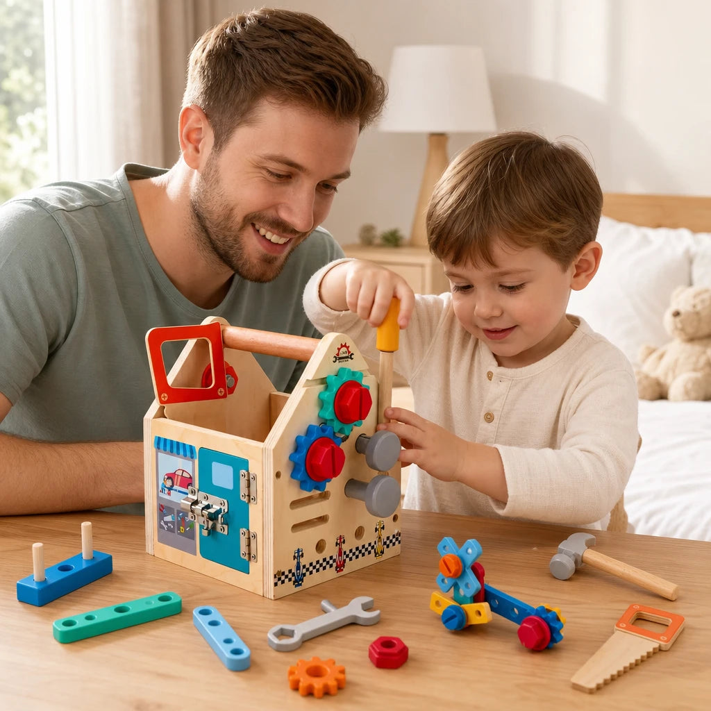 Child playing with the Wooden Activity Toolbox House