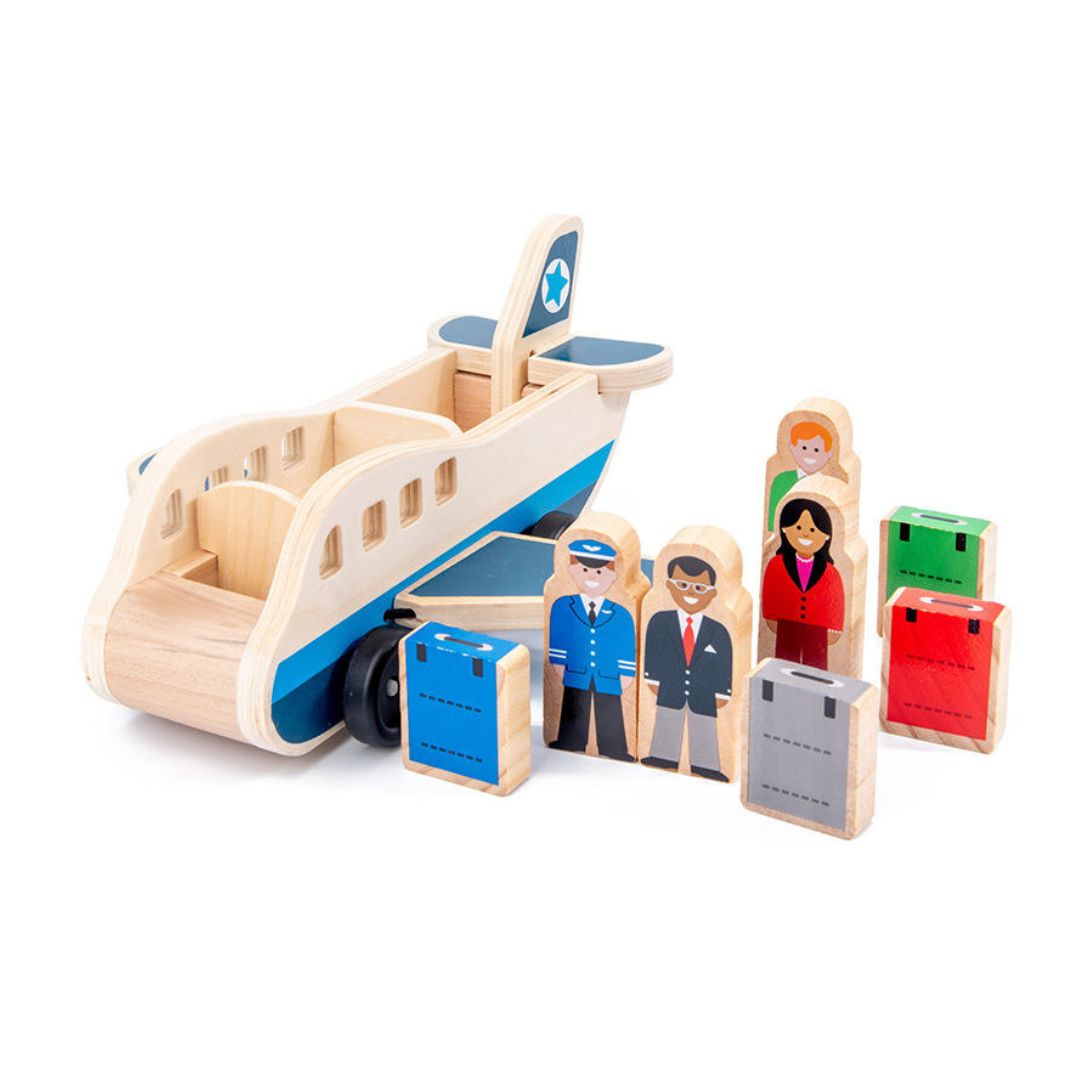 Wooden aeroplane toy with passenger figures and luggage trolleys