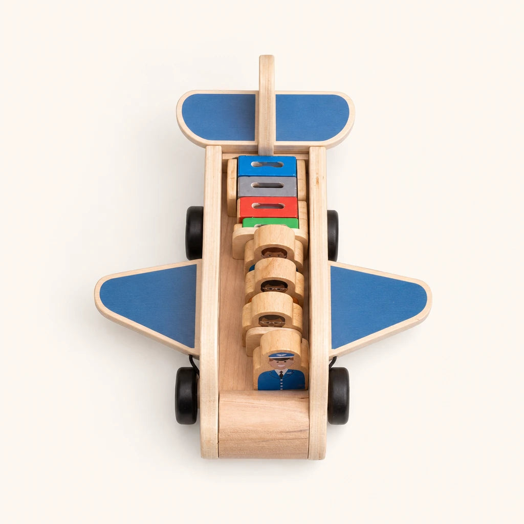 Wooden Airplane Toy with Passengers & Luggage shown complete on a plain background