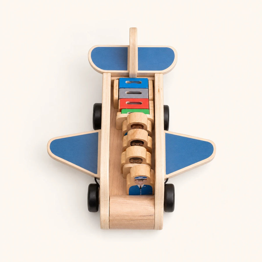 Wooden Airplane Toy with Passengers & Luggage shown complete on a plain background