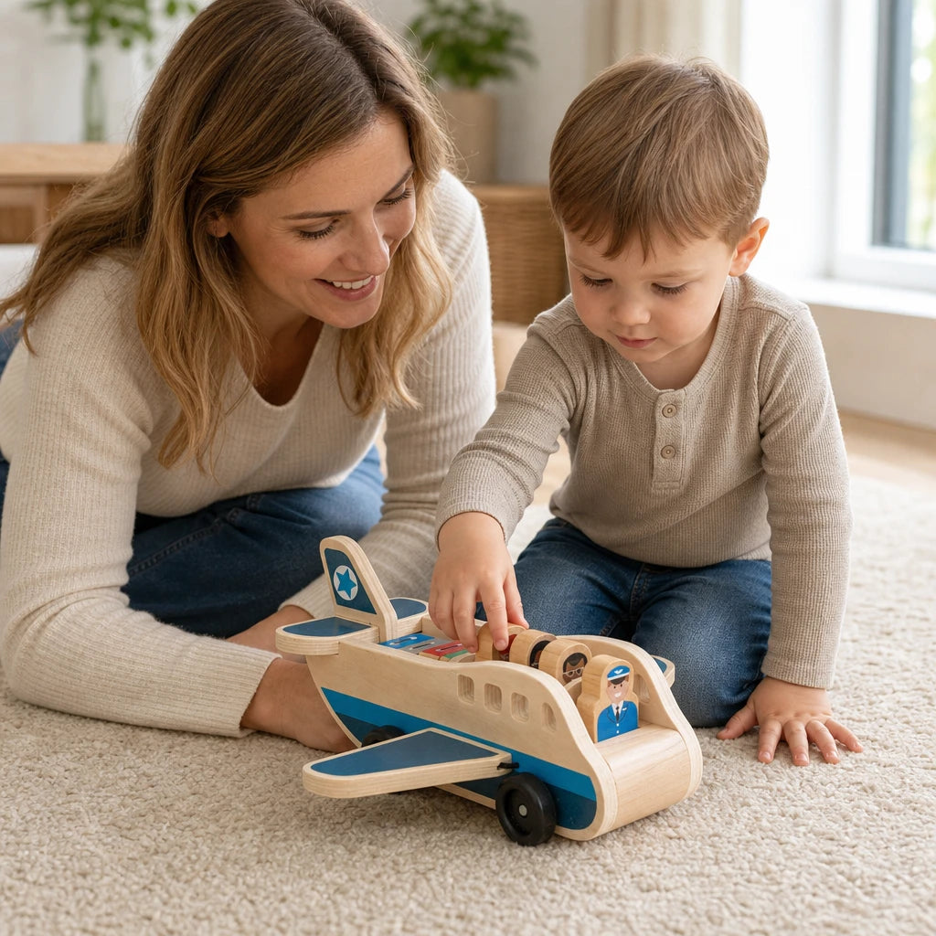 Child playing with the Wooden Airplane Toy with Passengers & Luggage