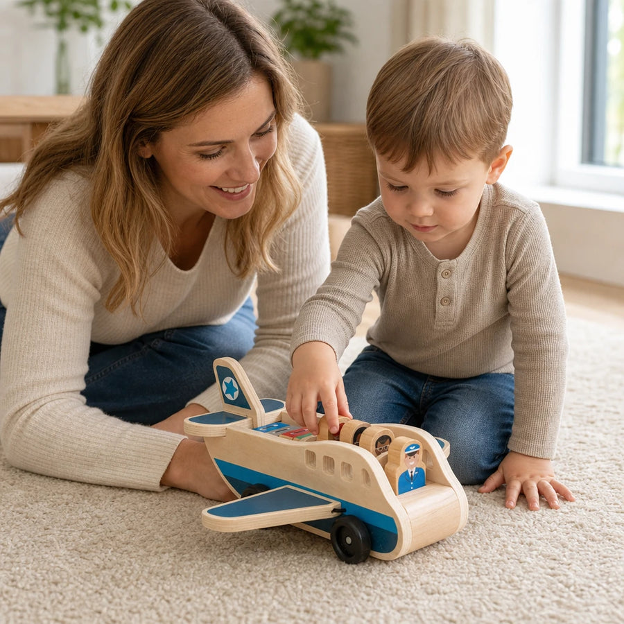 Child playing with the Wooden Airplane Toy with Passengers & Luggage