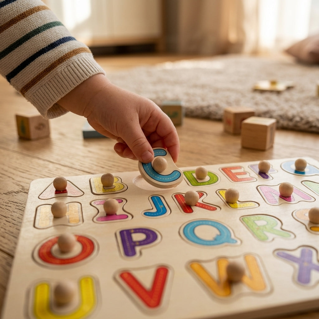 Child placing a letter into the wooden uppercase alphabet board