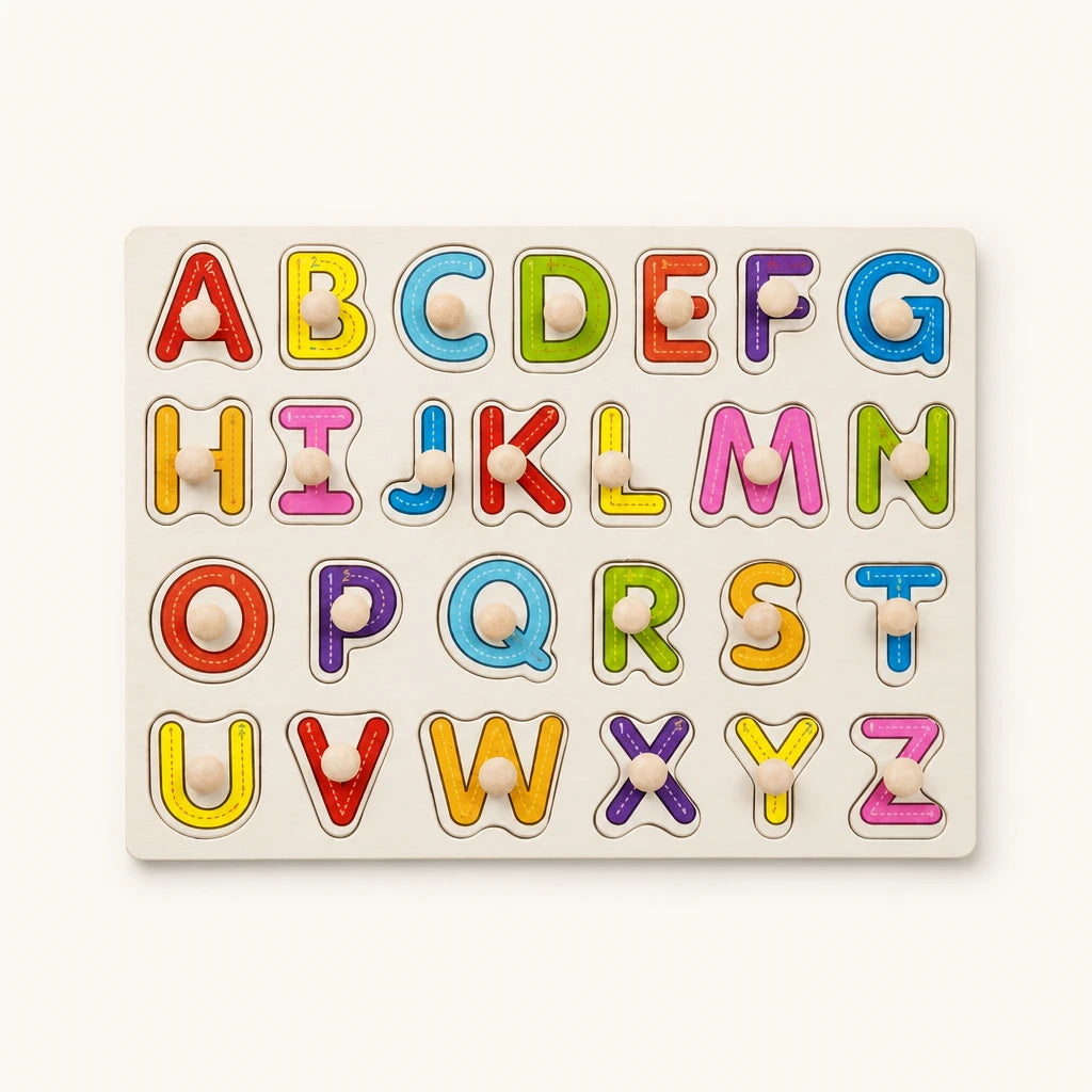 Wooden Alphabet Puzzle Board Uppercase Letters shown complete on a plain background
