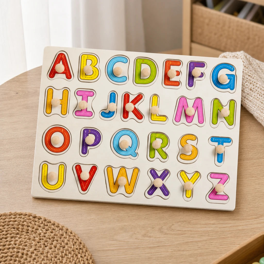 Wooden Alphabet Puzzle Board Uppercase Letters set out on a real table at home
