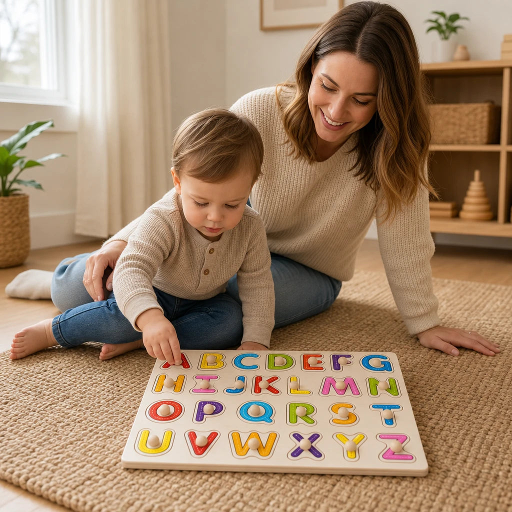 Child playing with the Wooden Alphabet Puzzle Board Uppercase Letters