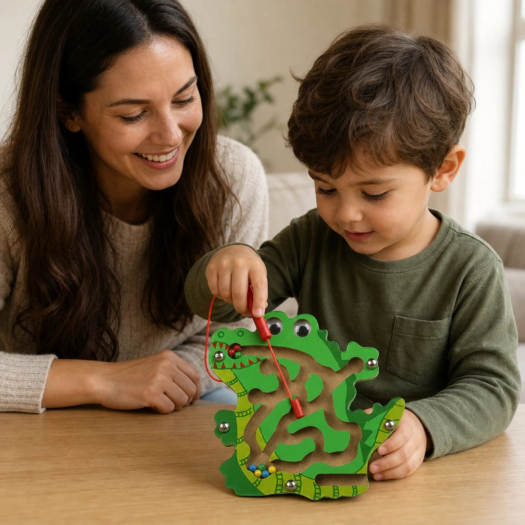 Child playing with the Wooden Animal Maze Crocodile Design