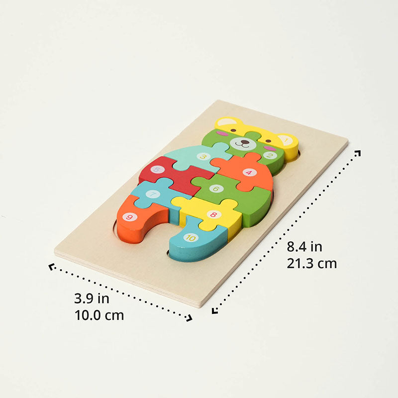 Numbered animal puzzle board with its pieces in place, shown with dimensions