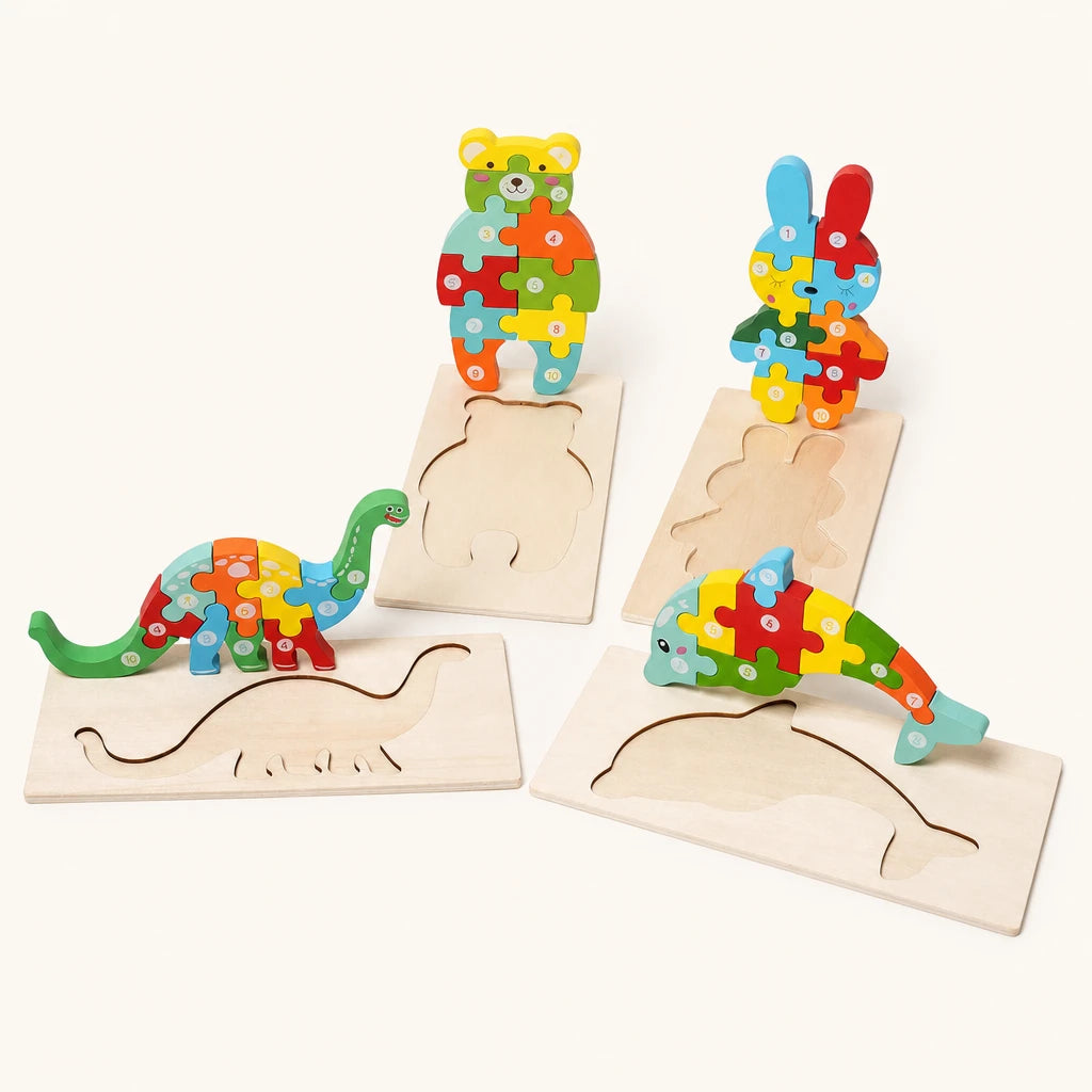 Wooden Animal Puzzles 4-Pack Numbered Set shown complete on a plain background
