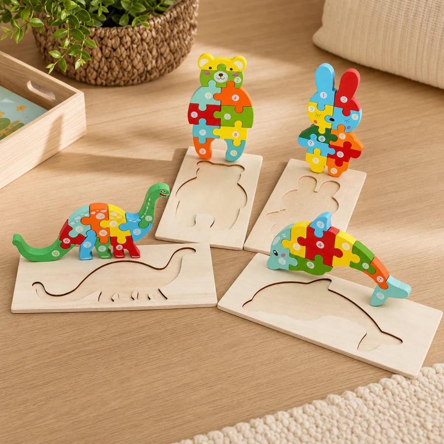 Wooden Animal Puzzles 4-Pack Numbered Set set out on a real table at home