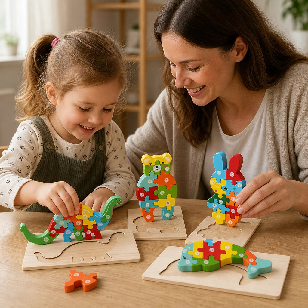 Child playing with the Wooden Animal Puzzles 4-Pack Numbered Set