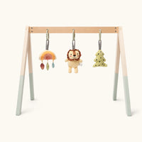 Wooden Baby Gym with Natural Arch & Hanging Toys — complete set on a neutral background
