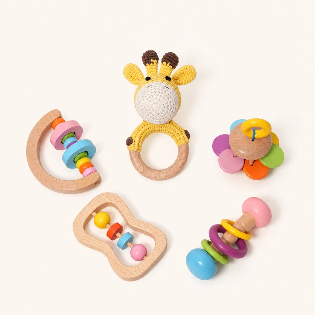 Wooden Baby Rattles Montessori Set of 5 — complete set on a neutral background