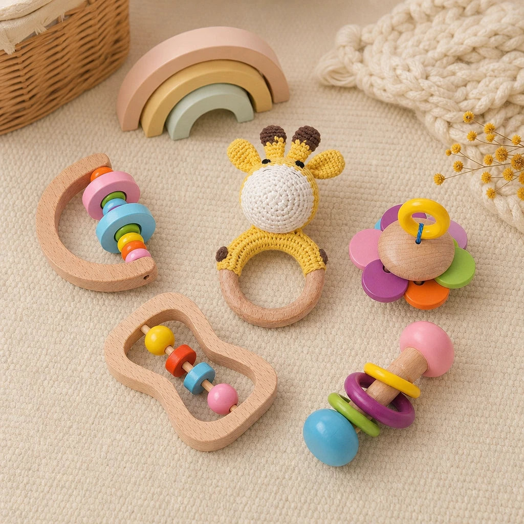 Wooden Baby Rattles Montessori Set of 5 shown on a real table surface