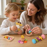 Child using the Wooden Baby Rattles Montessori Set of 5
