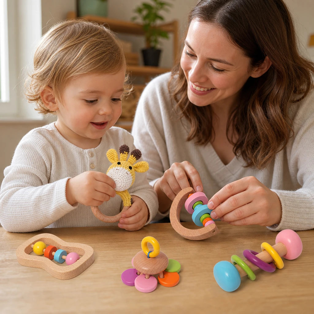 Child using the Wooden Baby Rattles Montessori Set of 5