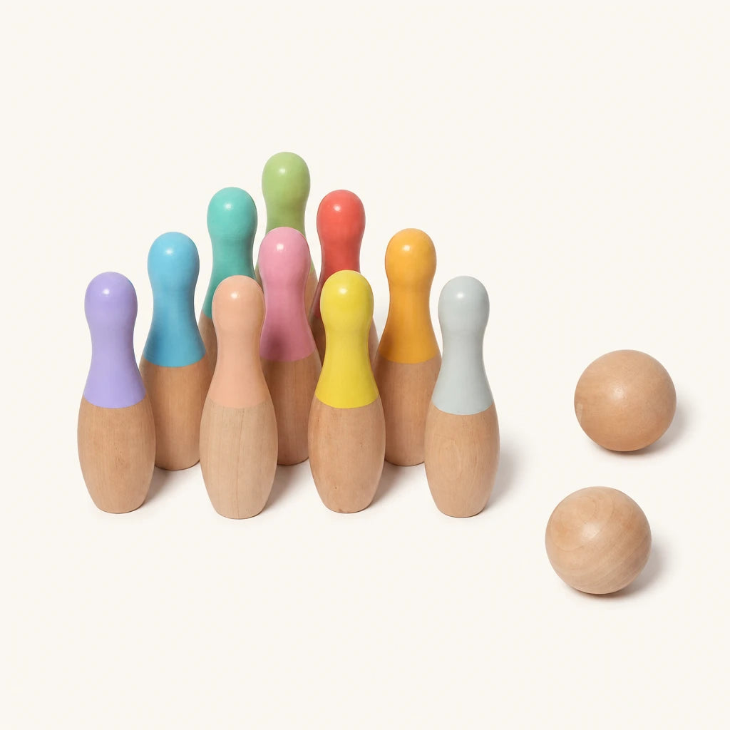 Wooden Bowling Set Montessori 10 Pins & 2 Balls — complete set on a neutral background