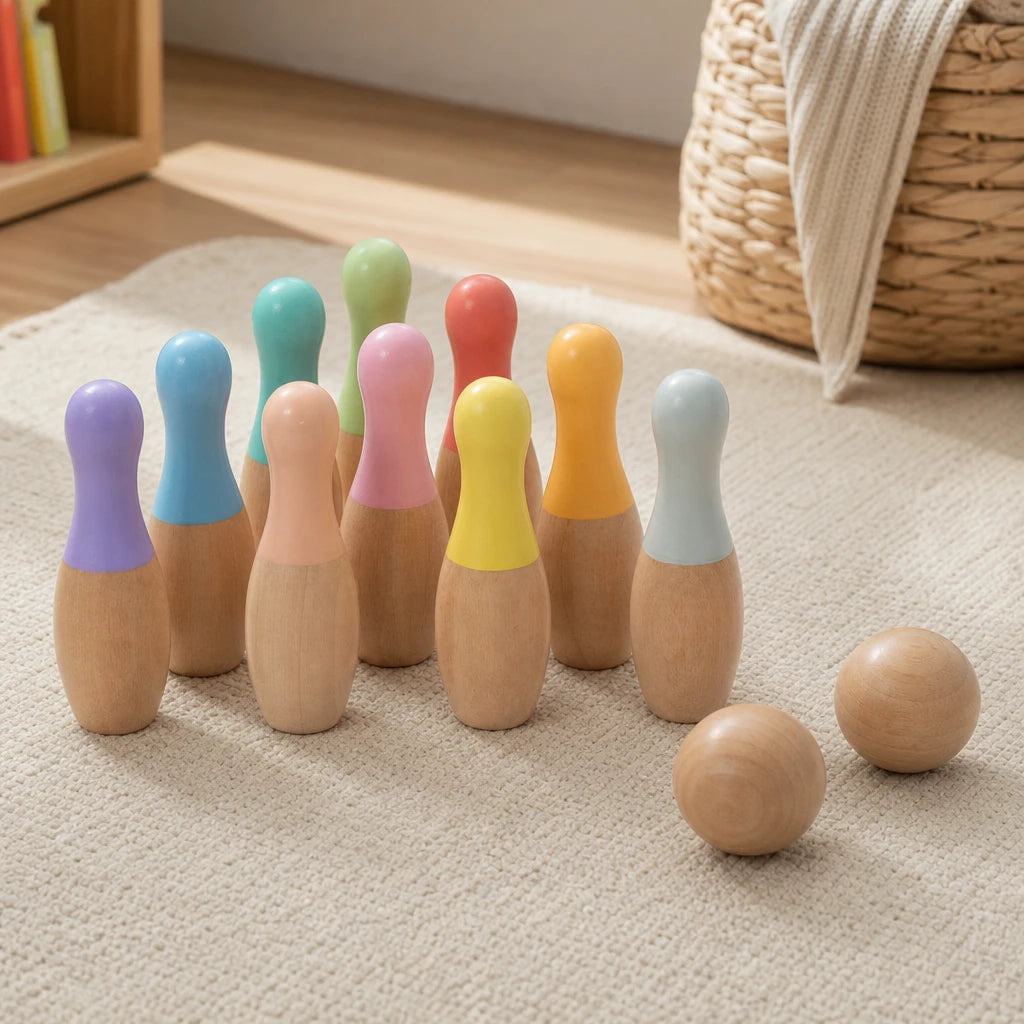 Wooden Bowling Set Montessori 10 Pins & 2 Balls shown on a real table surface