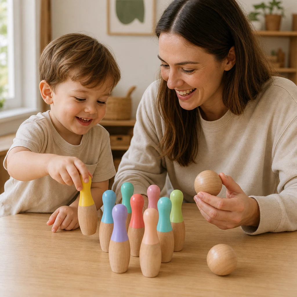 Child using the Wooden Bowling Set Montessori 10 Pins & 2 Balls