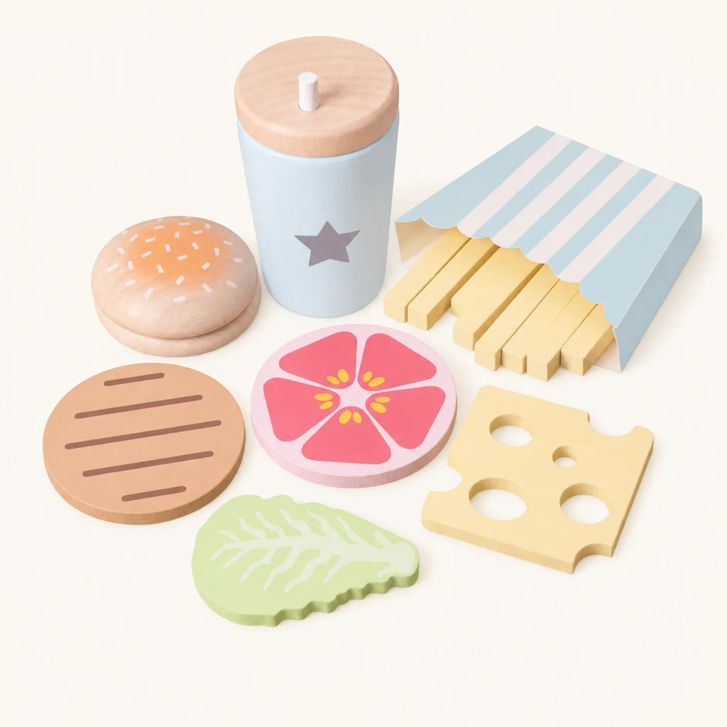 Wooden Burger Play Set Montessori Kitchen shown complete on a plain background
